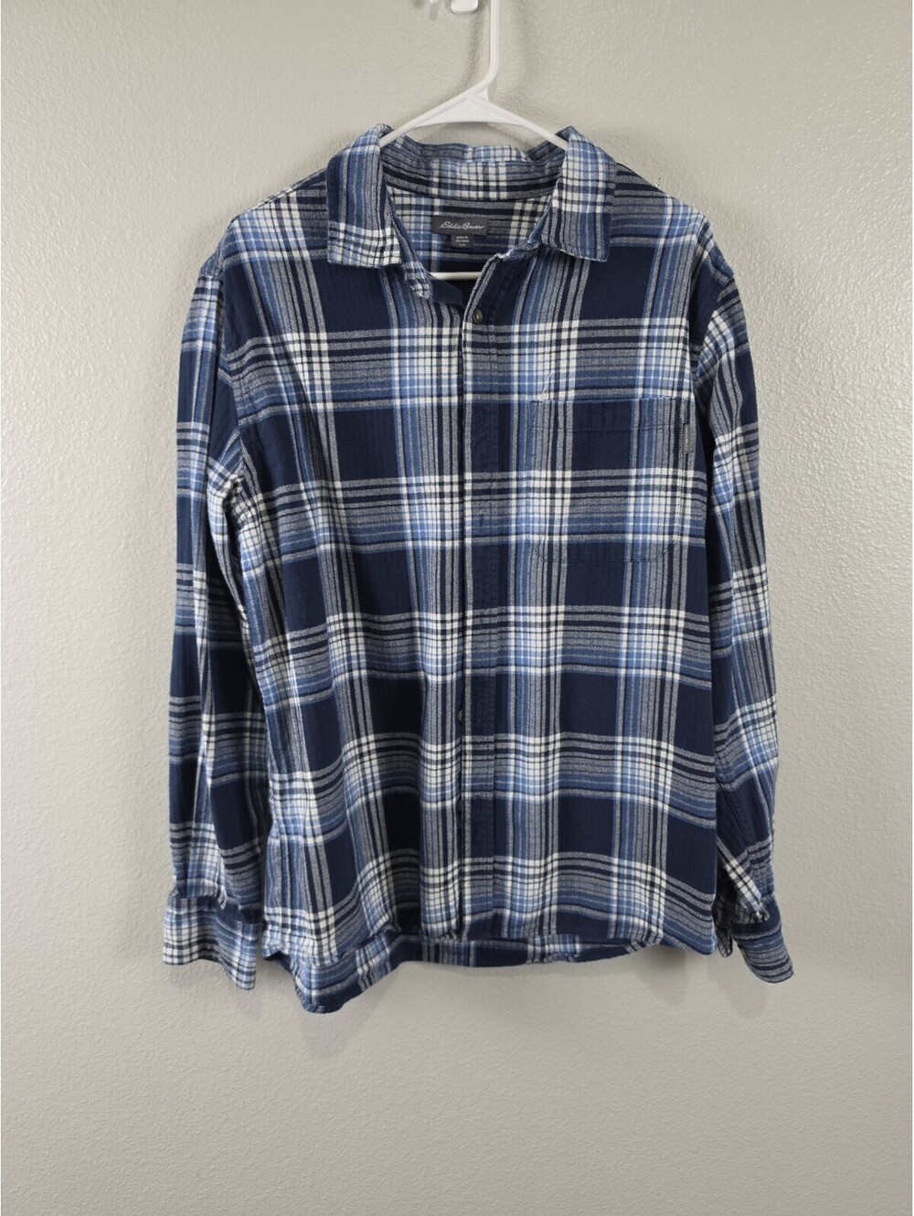 Mens Eddie Bauer Large Blue Flannel Shirt Long Sleeve Button Up Plaid